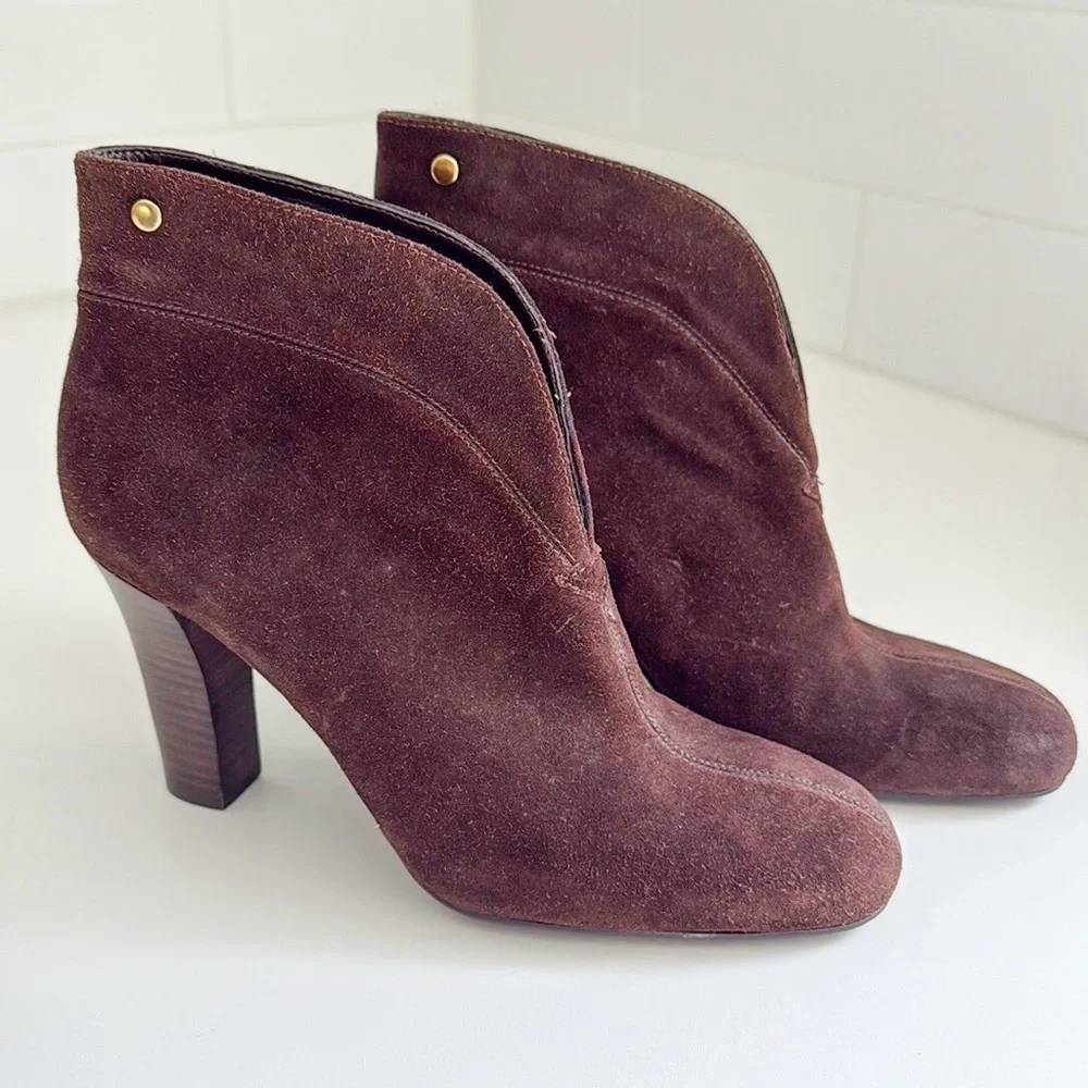 Franco Sarto Limber Brown Suede Ankle Boots Split Front Block Heel Women's 7.5